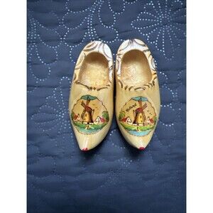 Vintage Hand Carved Wood Wooden Dutch Shoe Clogs Windmill Souvenir Holland Decor